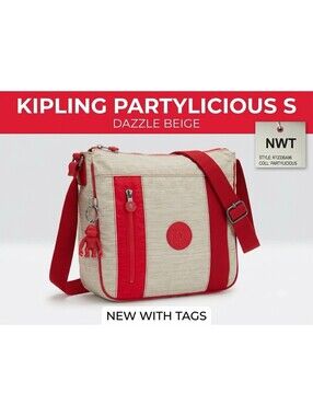 Kipling Partylicious S Shoulder Bag NWT Dazzle Beige Red Nylon Crossbody Charm